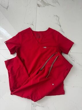 Figs Red Scrub Set with V-Neck Top and Drawstring Pants